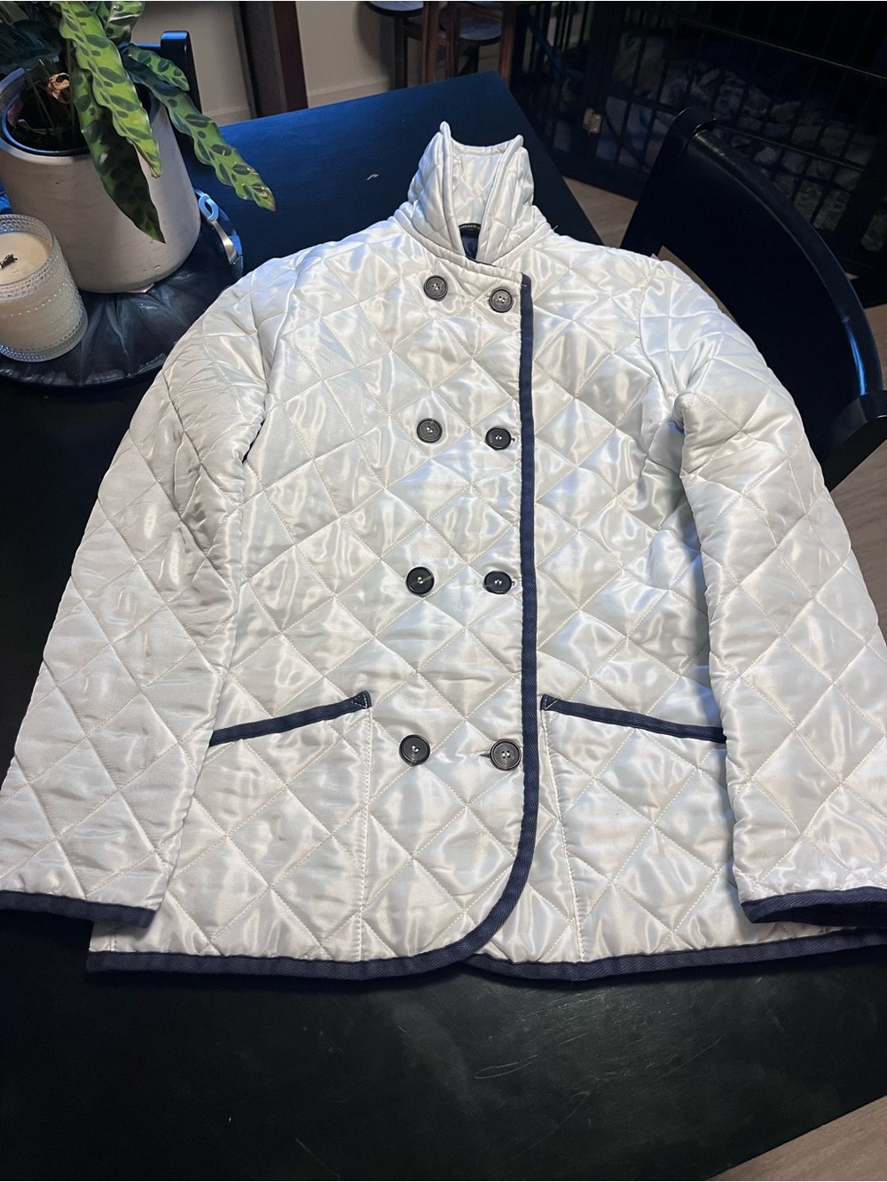 Quilted Double-Breasted Puffer Jacket in White with Navy Trim